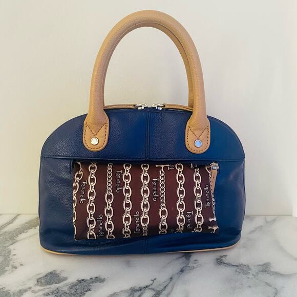 Tignanello Mini Dome Leather Bag Satchel Top Handles Mini Tote Cobalt Blue Tan - Picture 6 of 11